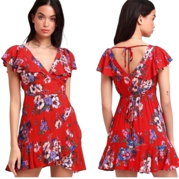 BAND of Gypsies Red Floral Maldives Mini Dress Summer Cute SZ Extra Small - Picture 1 of 15